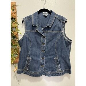 CHRISTOPHER BANKS Woman's XL Denim Button Down Vest  stretch rhinestones